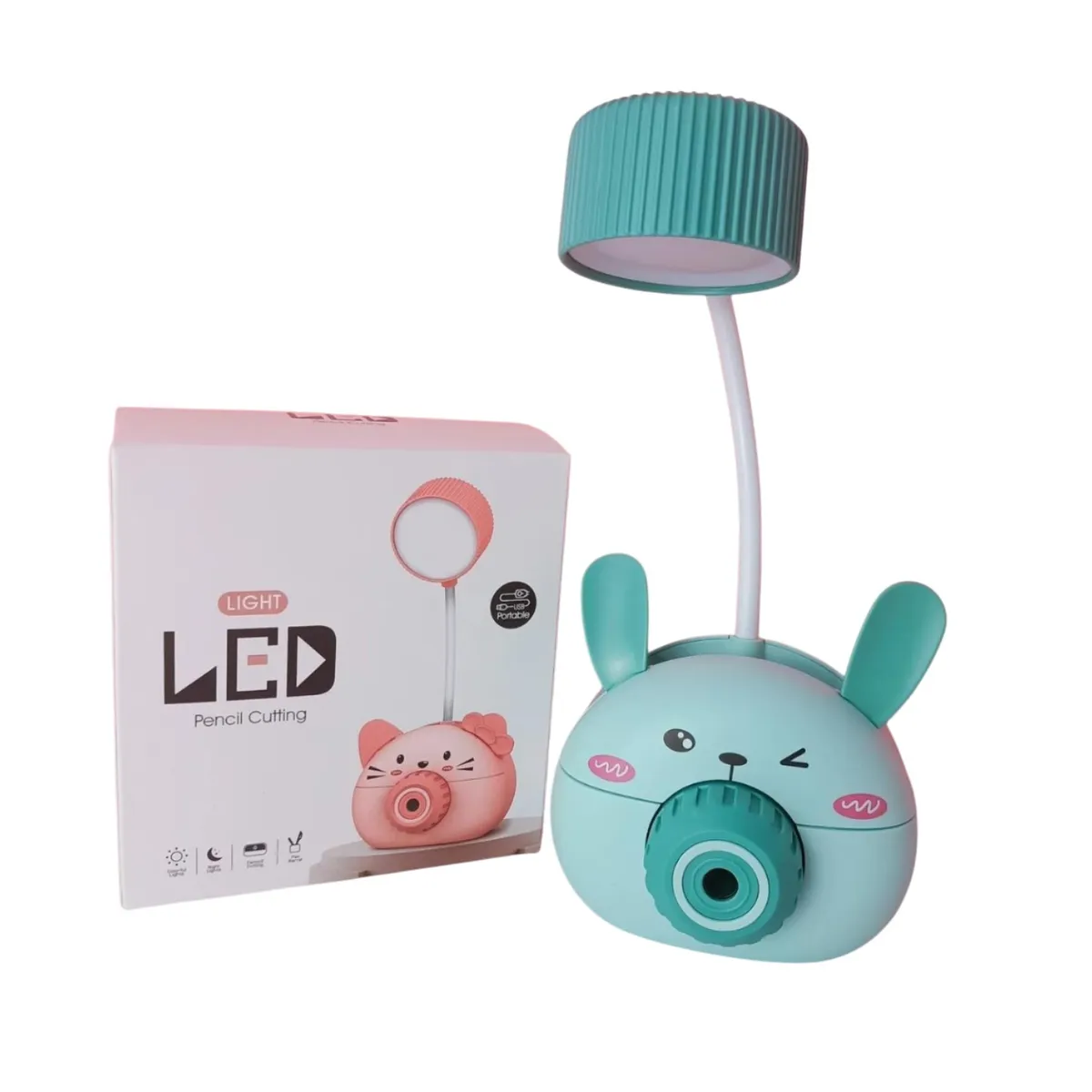 GENERICO - Lampara Led con Portalápiz Infantil Conejito Verde con Sacapuntas