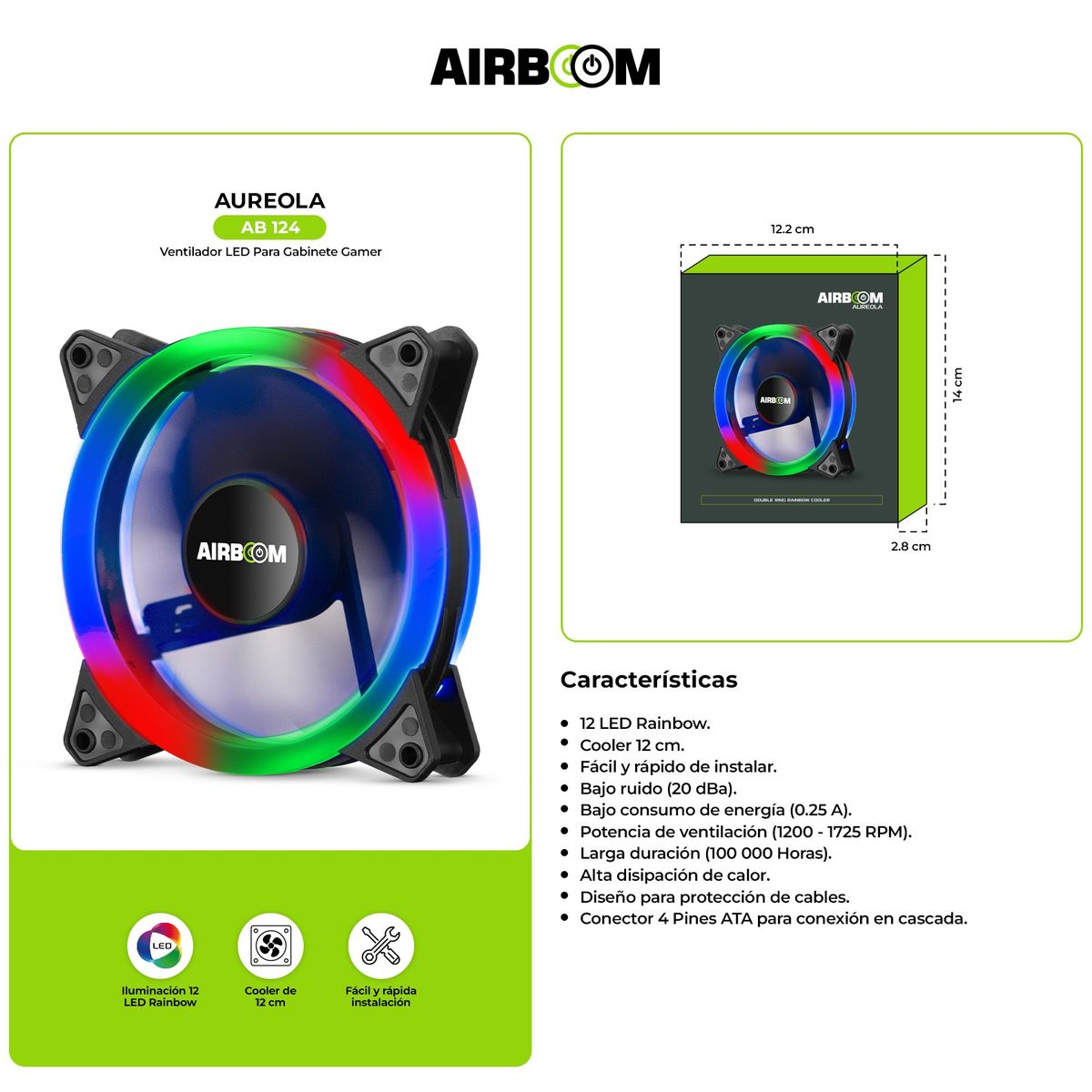 AIRBOOM - COOLER PARA CASE AIRBOOM AB124 LED AUREOLA 12CM VENTILADOR