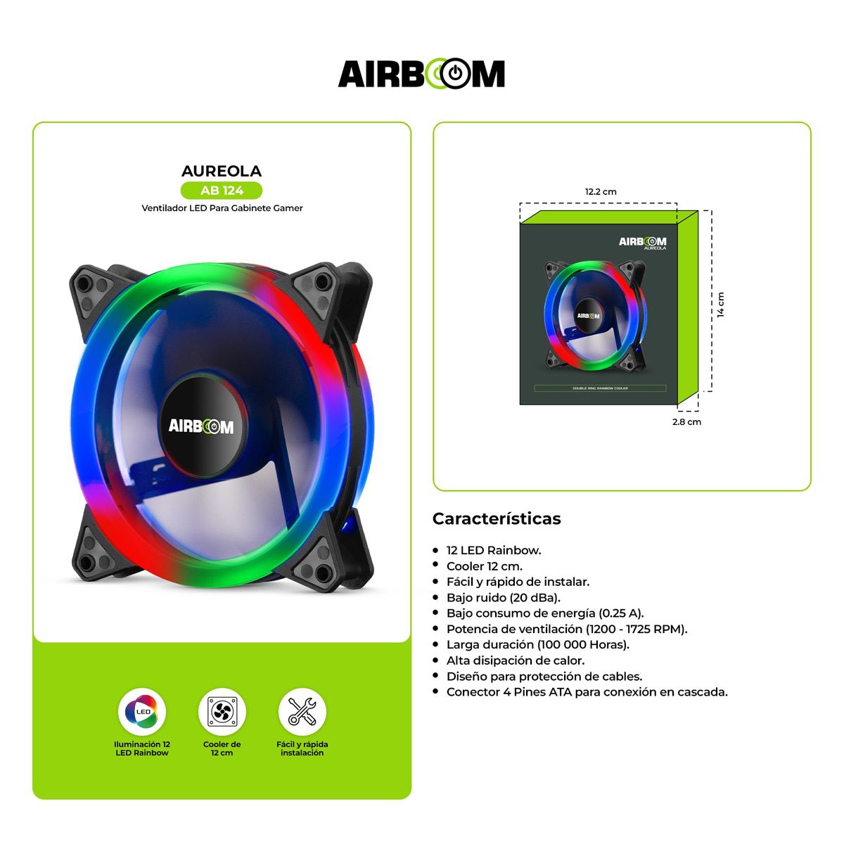 AIRBOOM - COOLER PARA CASE AIRBOOM AB124 LED AUREOLA 12CM VENTILADOR
