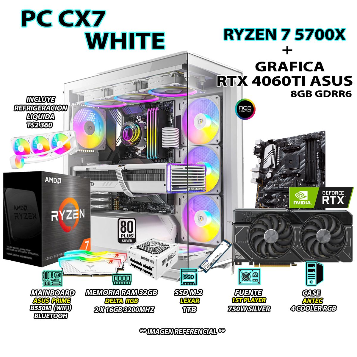 RYZEN - Computadora PC Gamer RYZEN 7 5700X RAM 32GB SSD 1TB GRAFICA RTX 4060TI 8GB