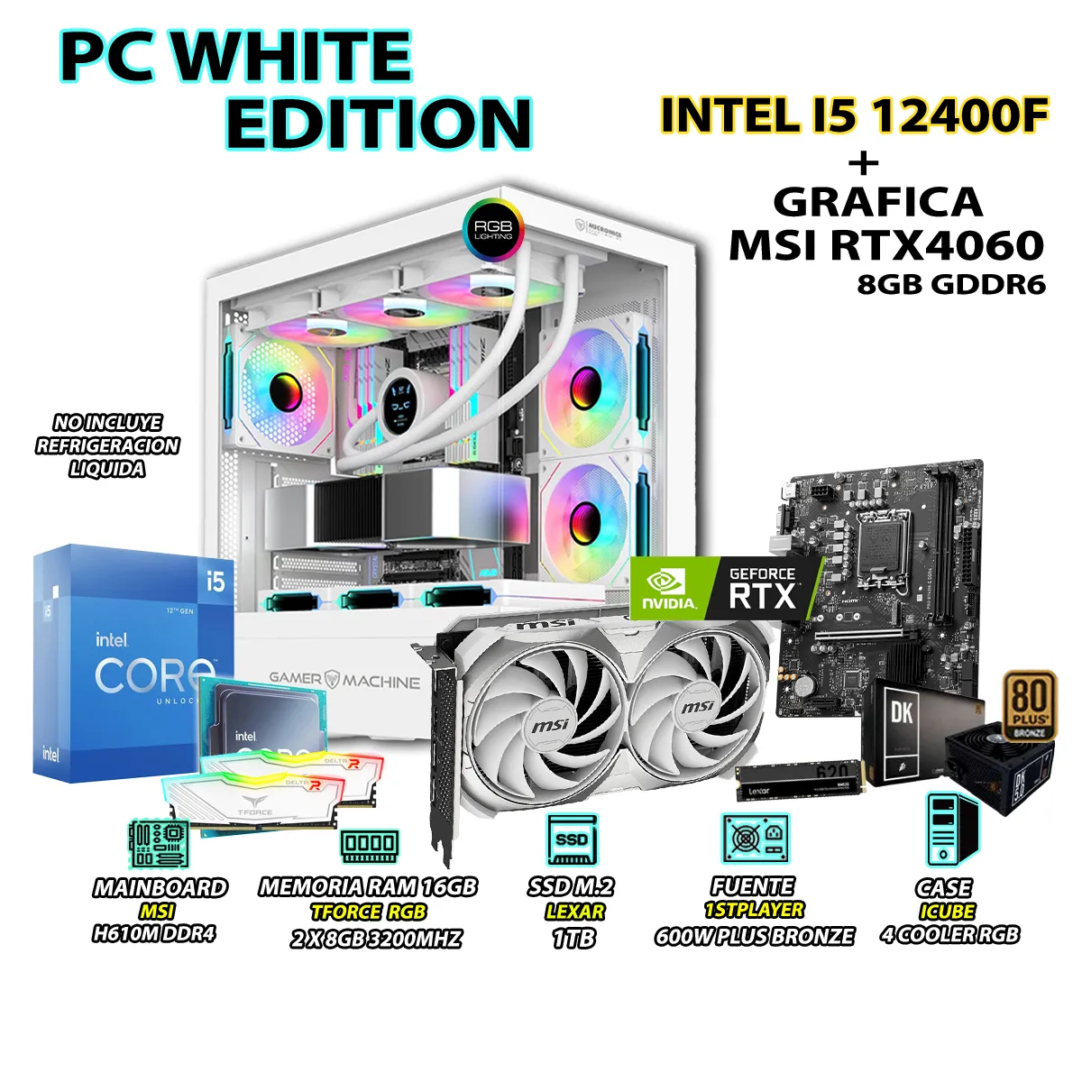 INTEL - Computadora PC Gamer Intel Core i5 12400F RAM 16GB SSD 1TB RTX 4060 8GB
