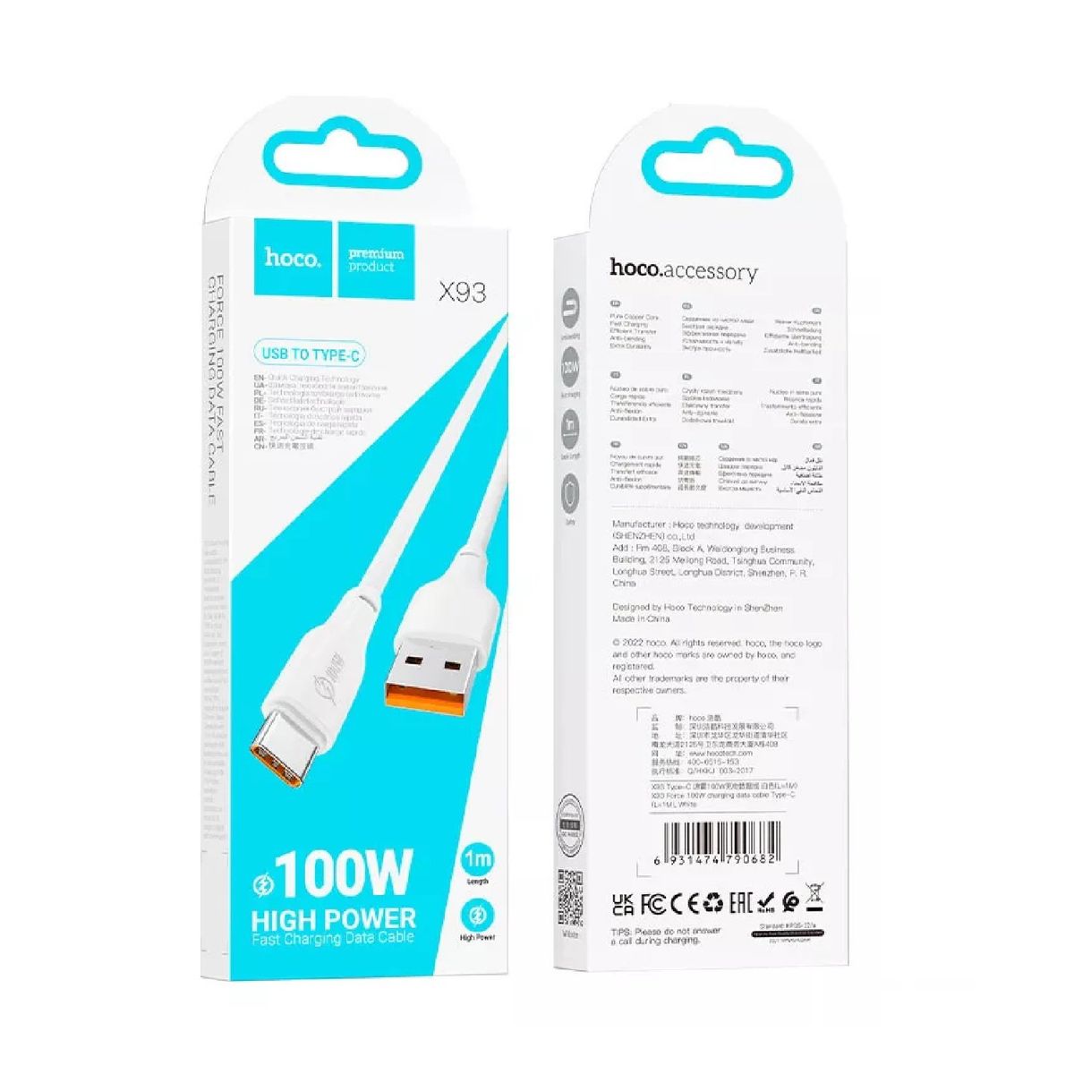 HOCO - Cable de Carga Rápida Hoco X93 Force Usb A Tipo C 1m 100w Blanco
