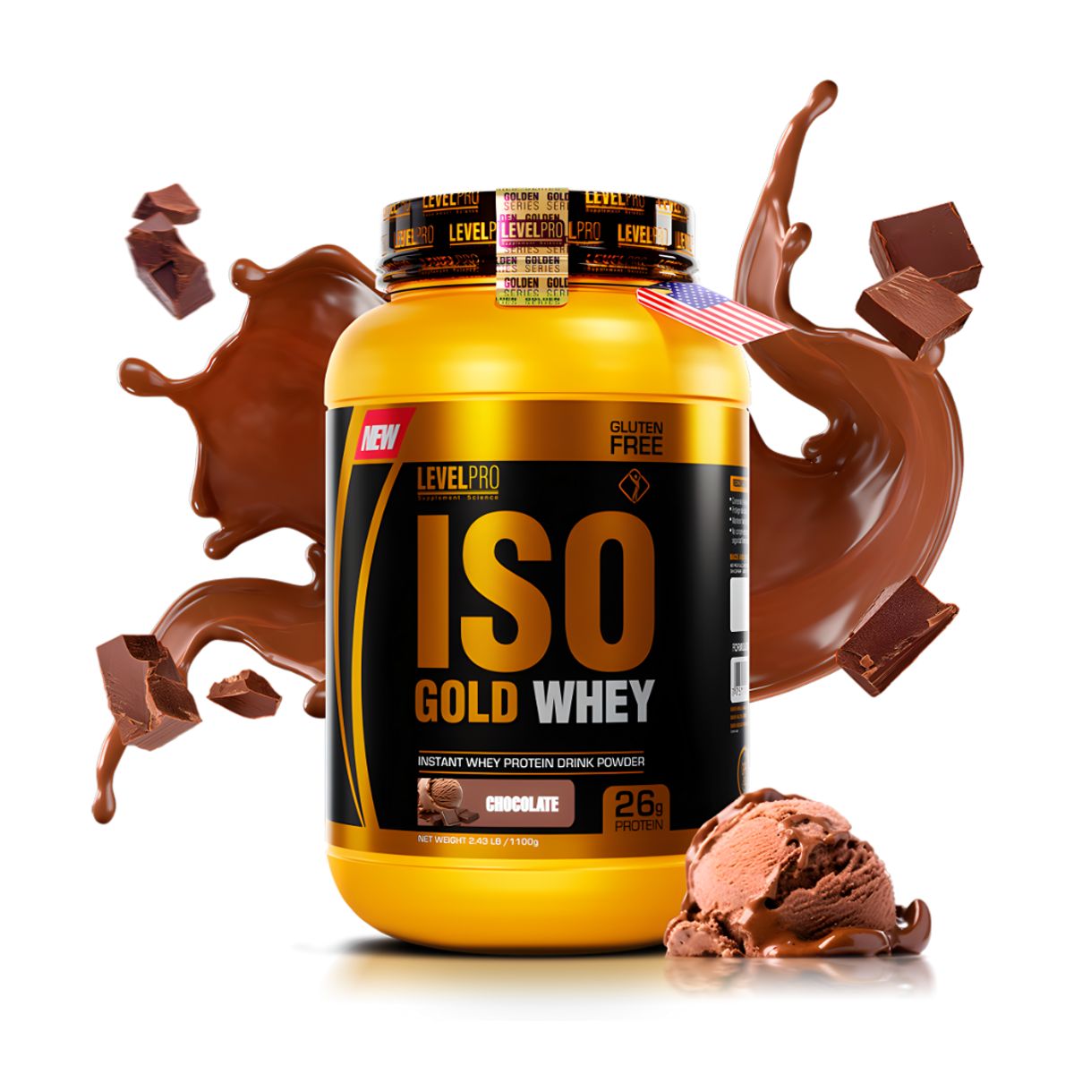 LEVEL PRO - Proteina Isolatada Iso Gold Whey 1.1 kg - Chocolate