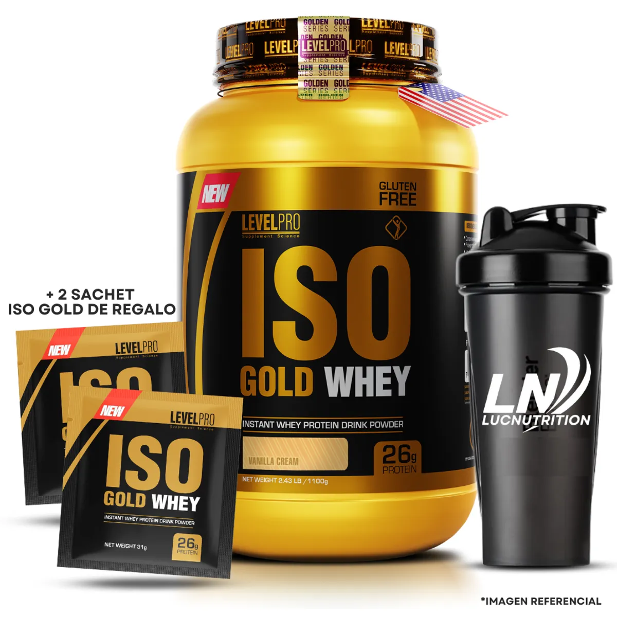 LEVEL PRO - Proteína Iso Gold Whey 2.6 Lb / 1.1Kg vainilla + Regalos