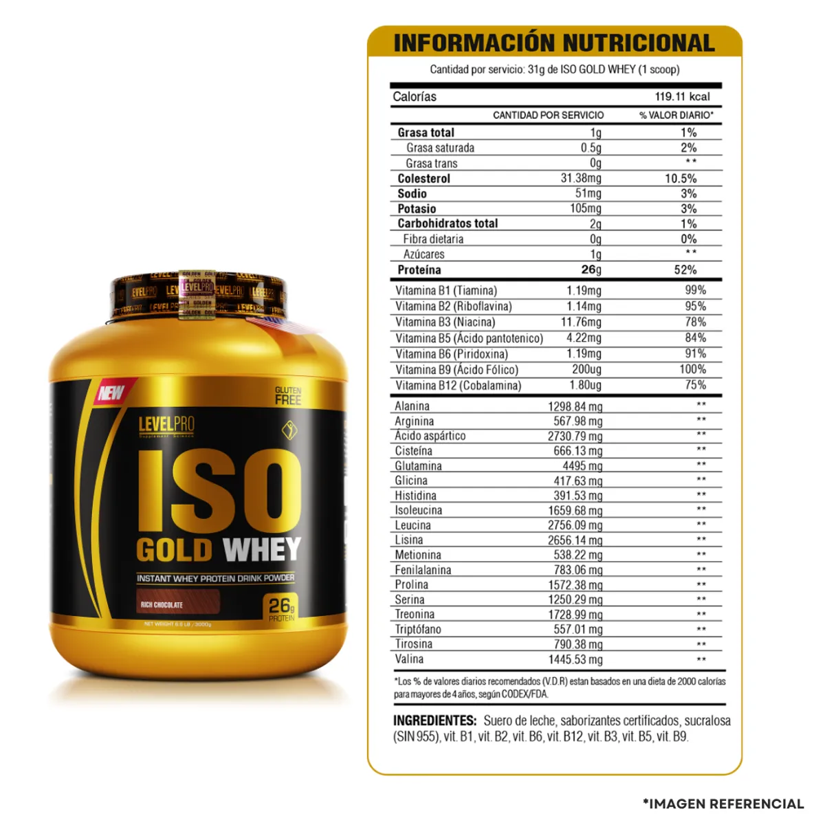 LEVEL PRO - Proteína Iso Gold Whey 2.6 Lb / 1.1Kg vainilla + Regalos