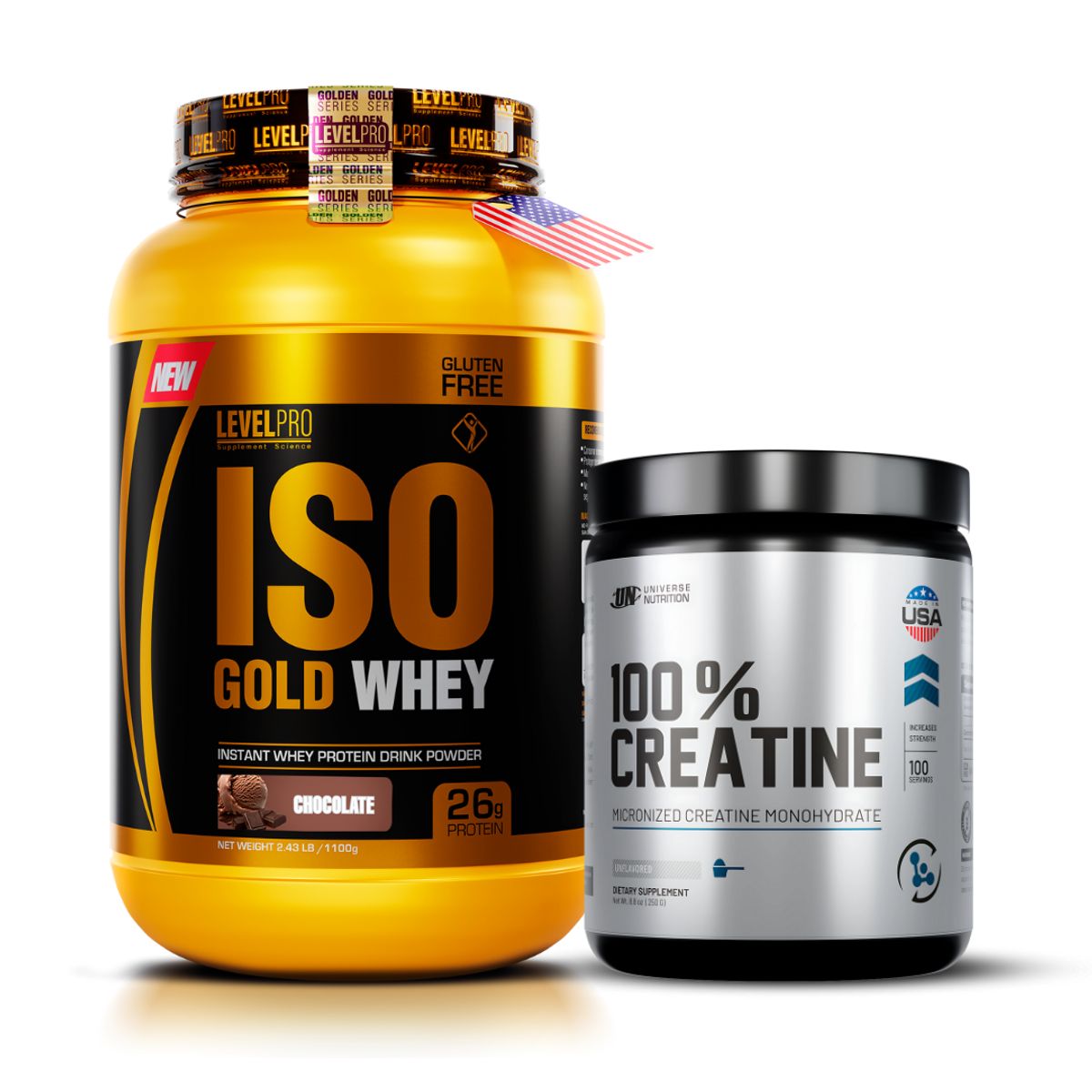 LEVEL PRO - Iso Gold Whey 1.1 Kg rich chocolate + Creatina universe nutrition 250 g
