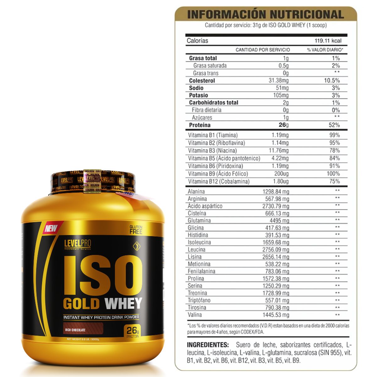 LEVEL PRO - Iso Gold Whey 1.1 Kg rich chocolate + Creatina universe nutrition 250 g