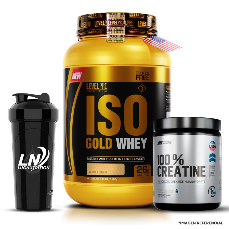 LEVEL PRO - Proteína Iso Gold Whey 2.6 Lb / 1.1Kg vainilla + Creatina UN 250g