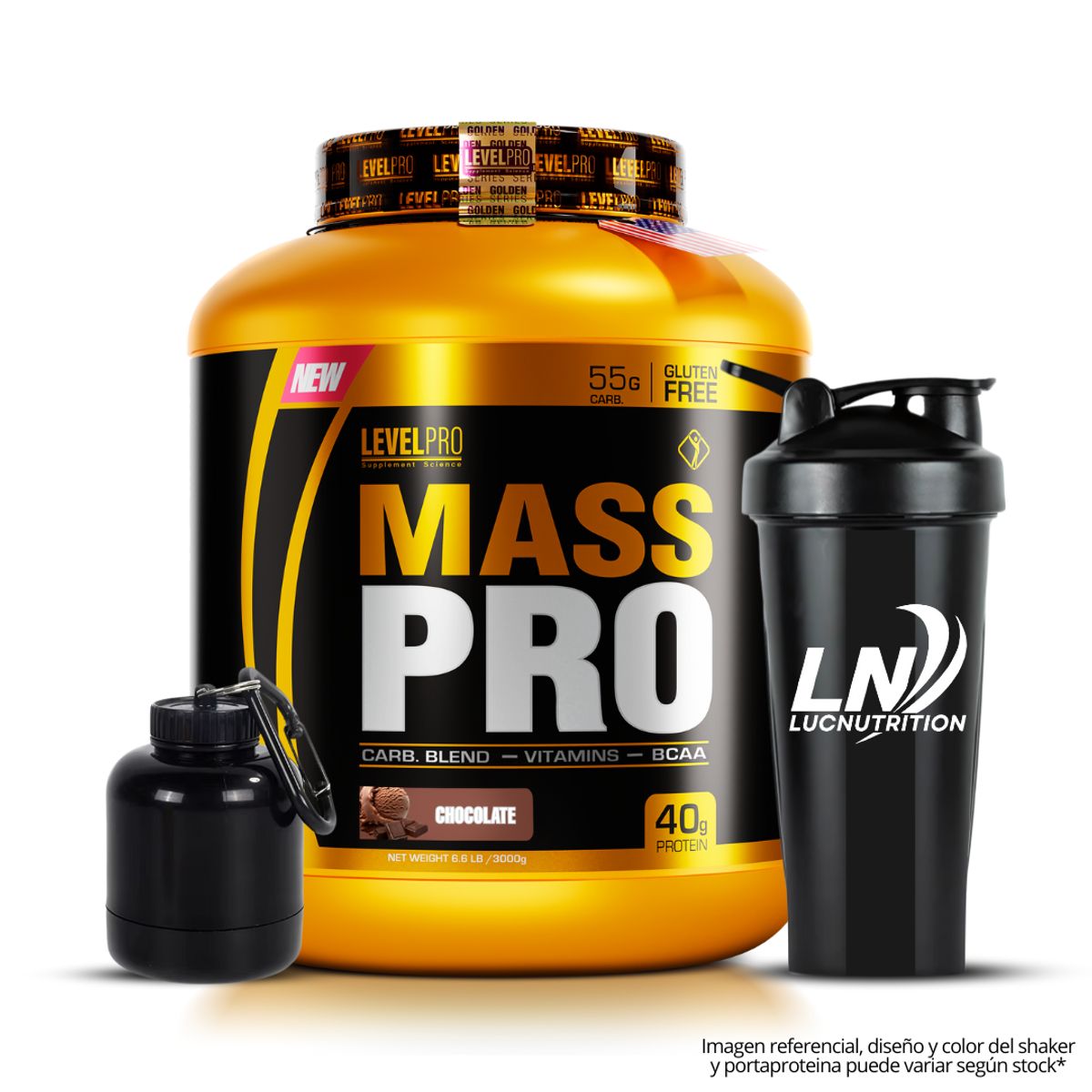 LEVEL PRO - Mass Pro 3 kg Rich Chocolate + Shaker + portaproteina