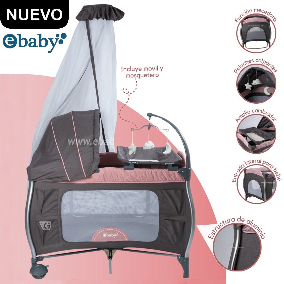 EBABY - Cuna Corral Aluminio NAPY 779C-1 Tul Reina - Rosado