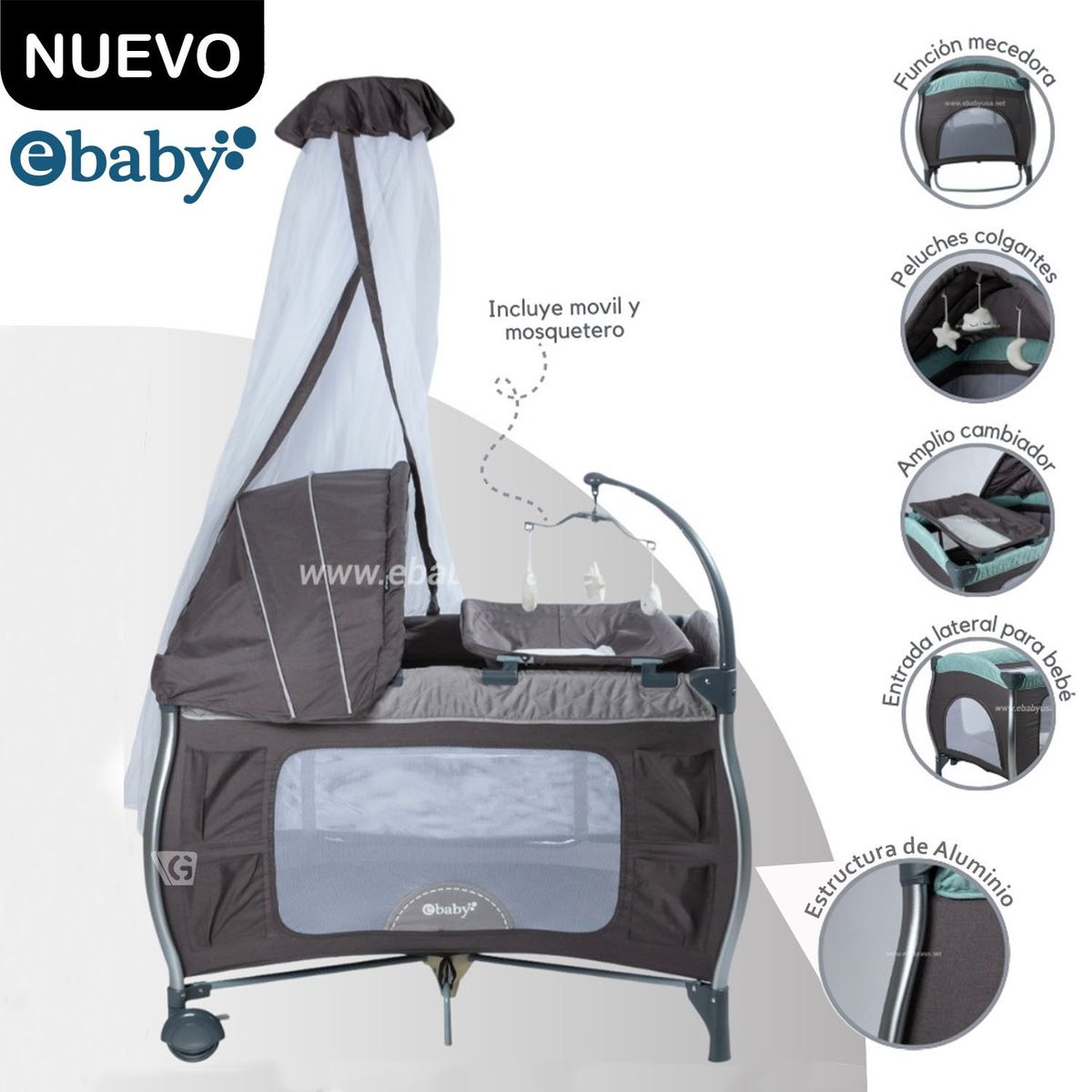 EBABY - Cuna Corral Aluminio NAPY 779C-1 Tul Reina - Gris