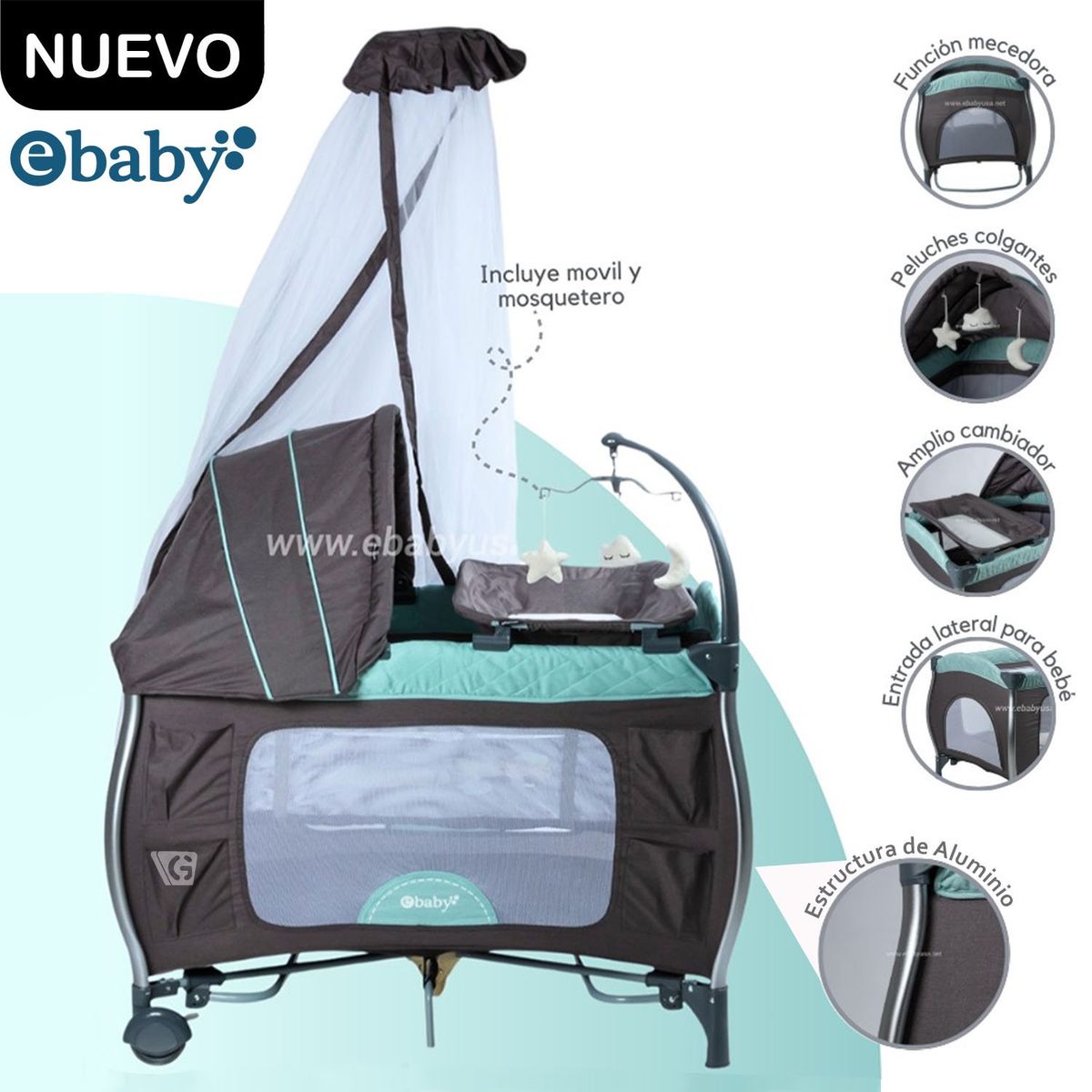 EBABY - Cuna Corral Aluminio NAPY 779C-1 Tul Reina - Verde