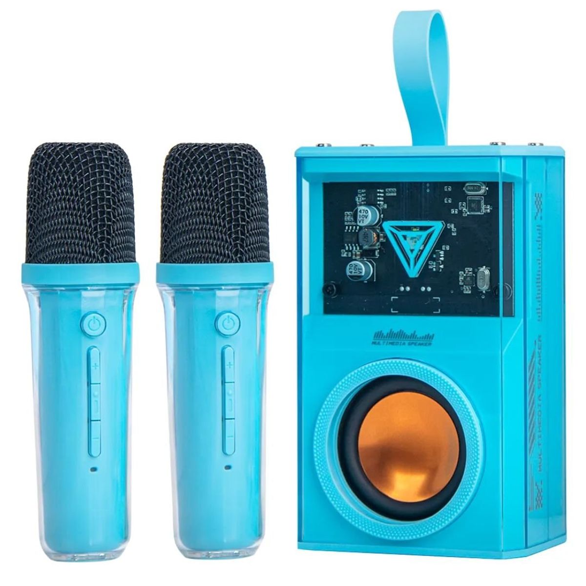 SEISA - Parlante Karaoke Portatil RGB Bluetooth + 2 Micrófonos SQ-K3SM Celeste