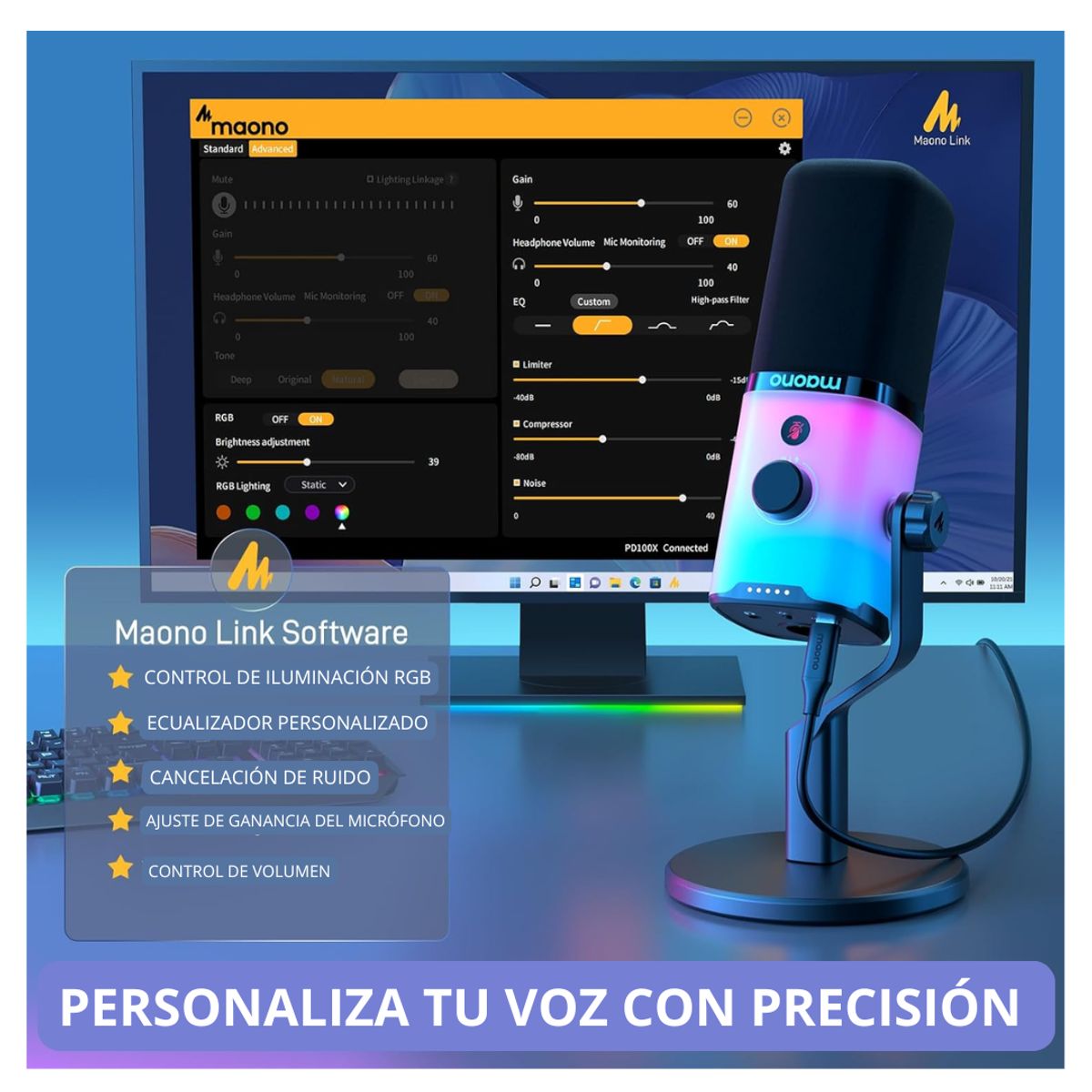 SEISA - Micrófono Profesional MAONO Microphone PD100X Luces RGB