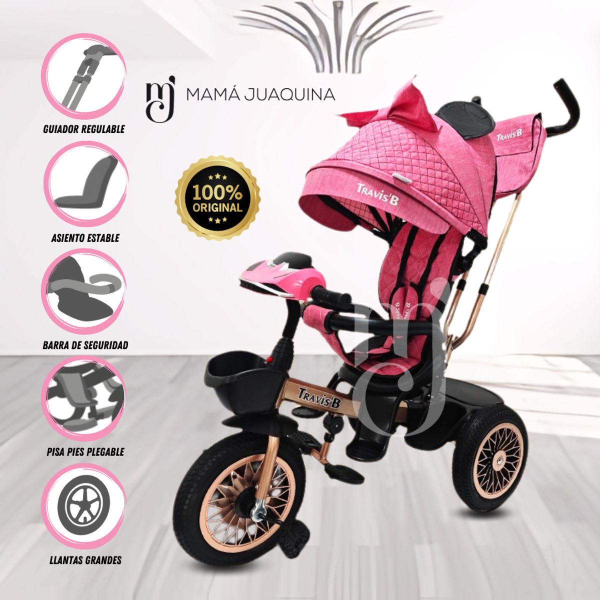 BEAUTIFUL - Triciclo Giratorio de Lujo «TRAVIS II» USB Bluetooth Pink