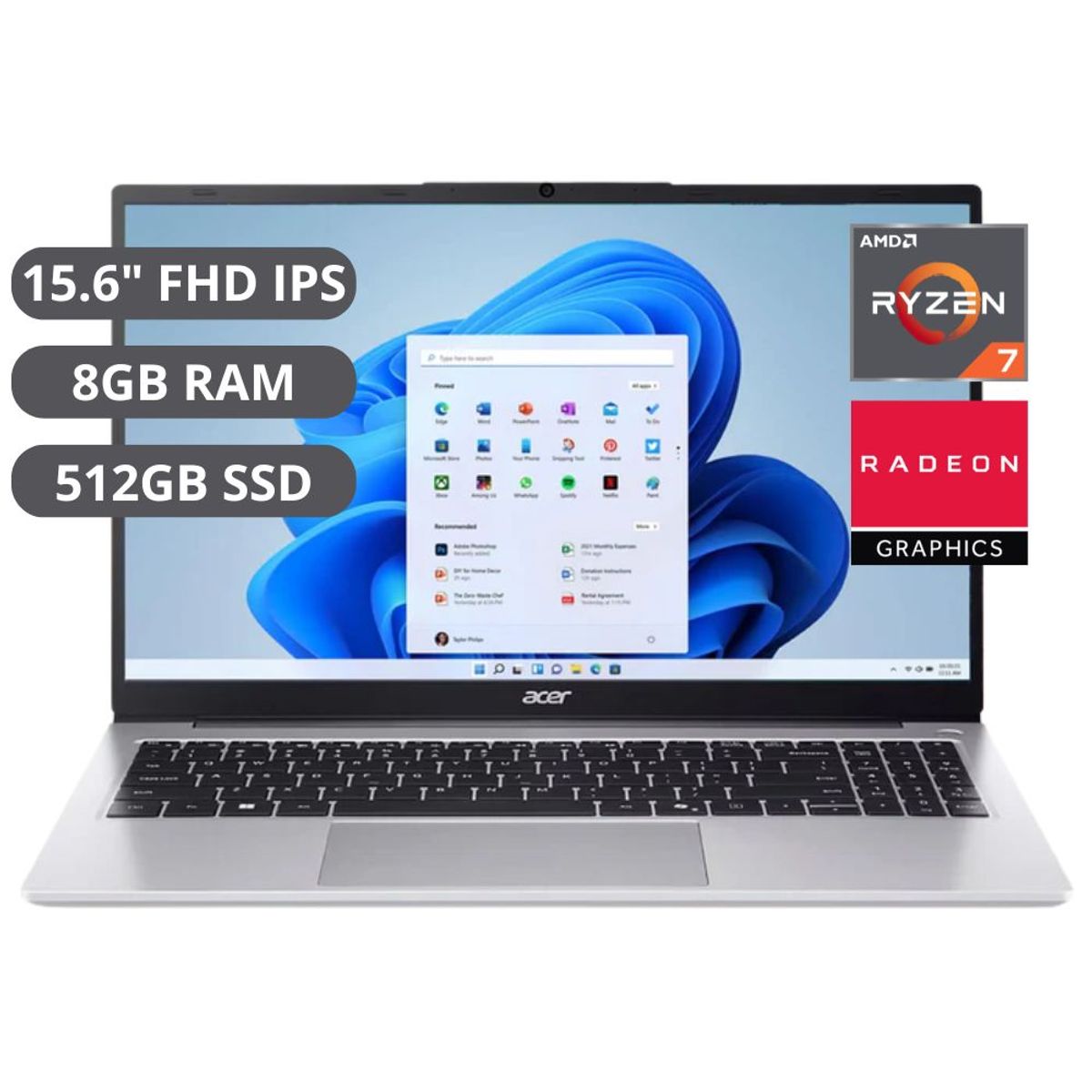 ACER - Laptop ACER 15.6" FHD IPS AMD Ryzen 7 RAM 8GB SSD 512GB Con Windows 11 AL15-43P-R8W7 Plata Clara