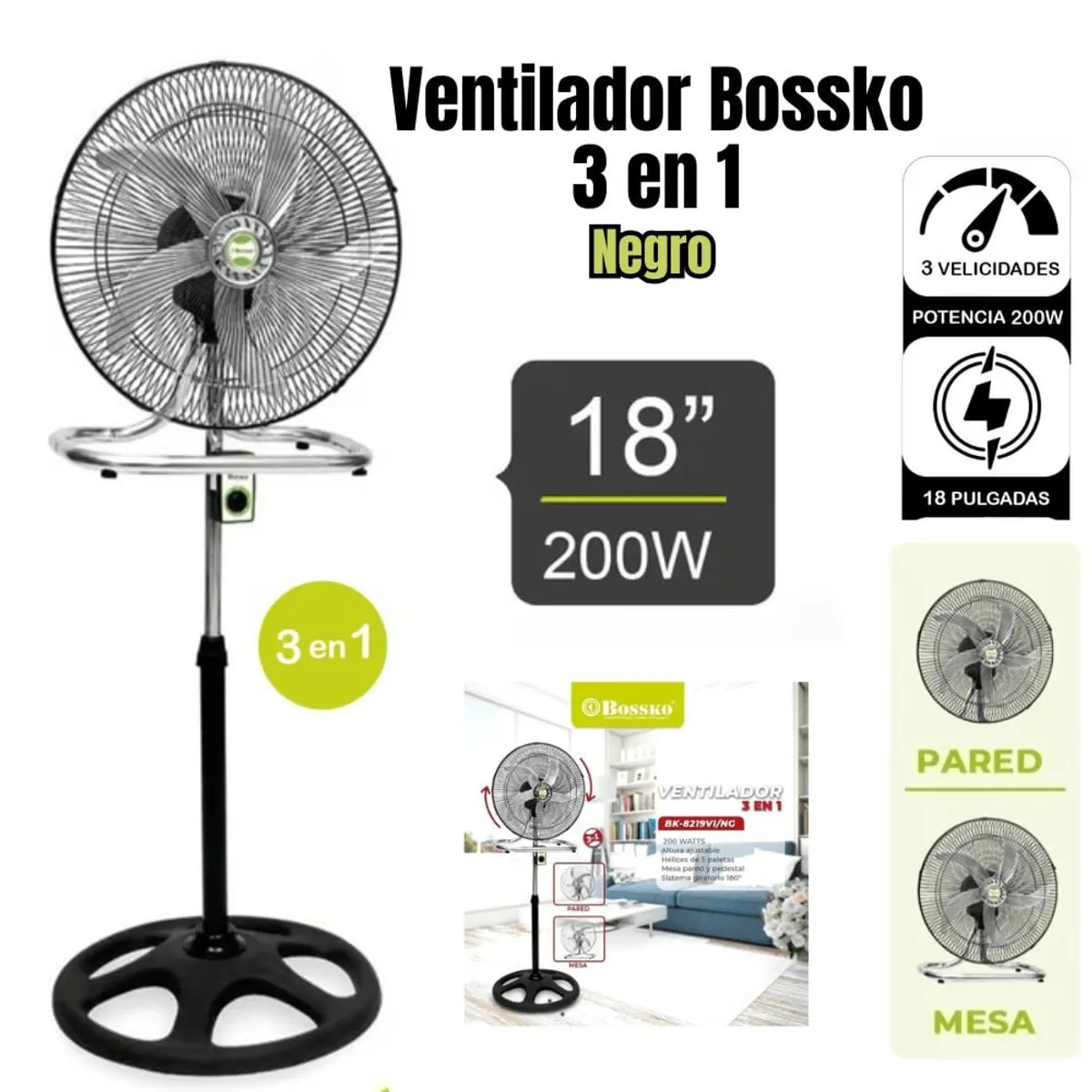 BOSSKO - Ventilador De 5 Aspas 3 En 1 De 18″ 200W Bossko BK-8219VI/NG - NEGRO