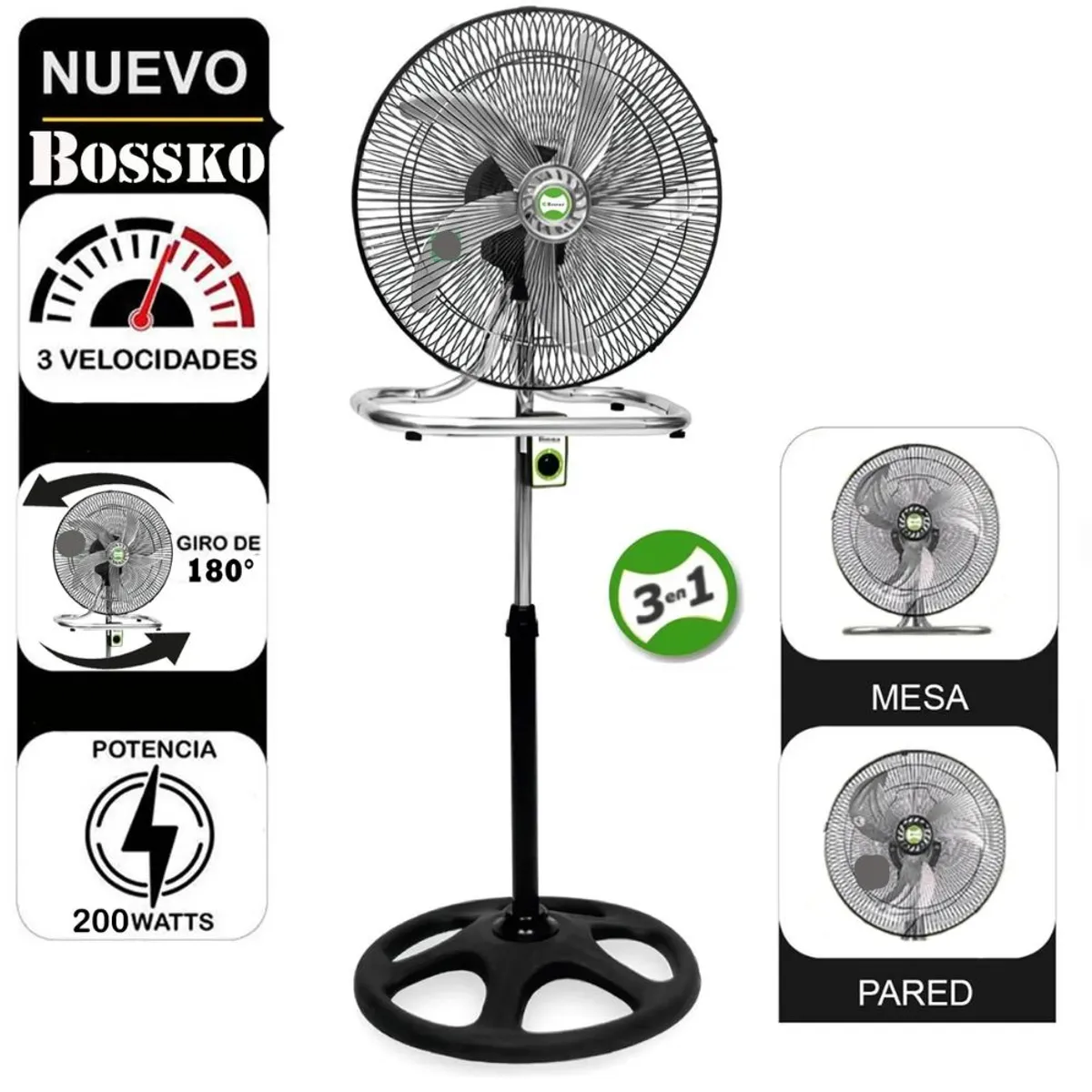 BOSSKO - Ventilador De 5 Aspas 3 En 1 De 18″ 200W Bossko BK-8219VI/NG - NEGRO