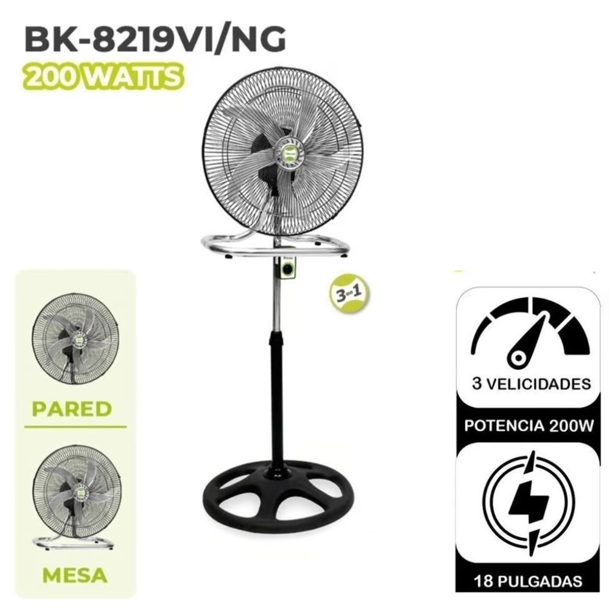 BOSSKO - Ventilador Bossko de 18" metal de 5 Aspas 200W  BK-8219/NG
