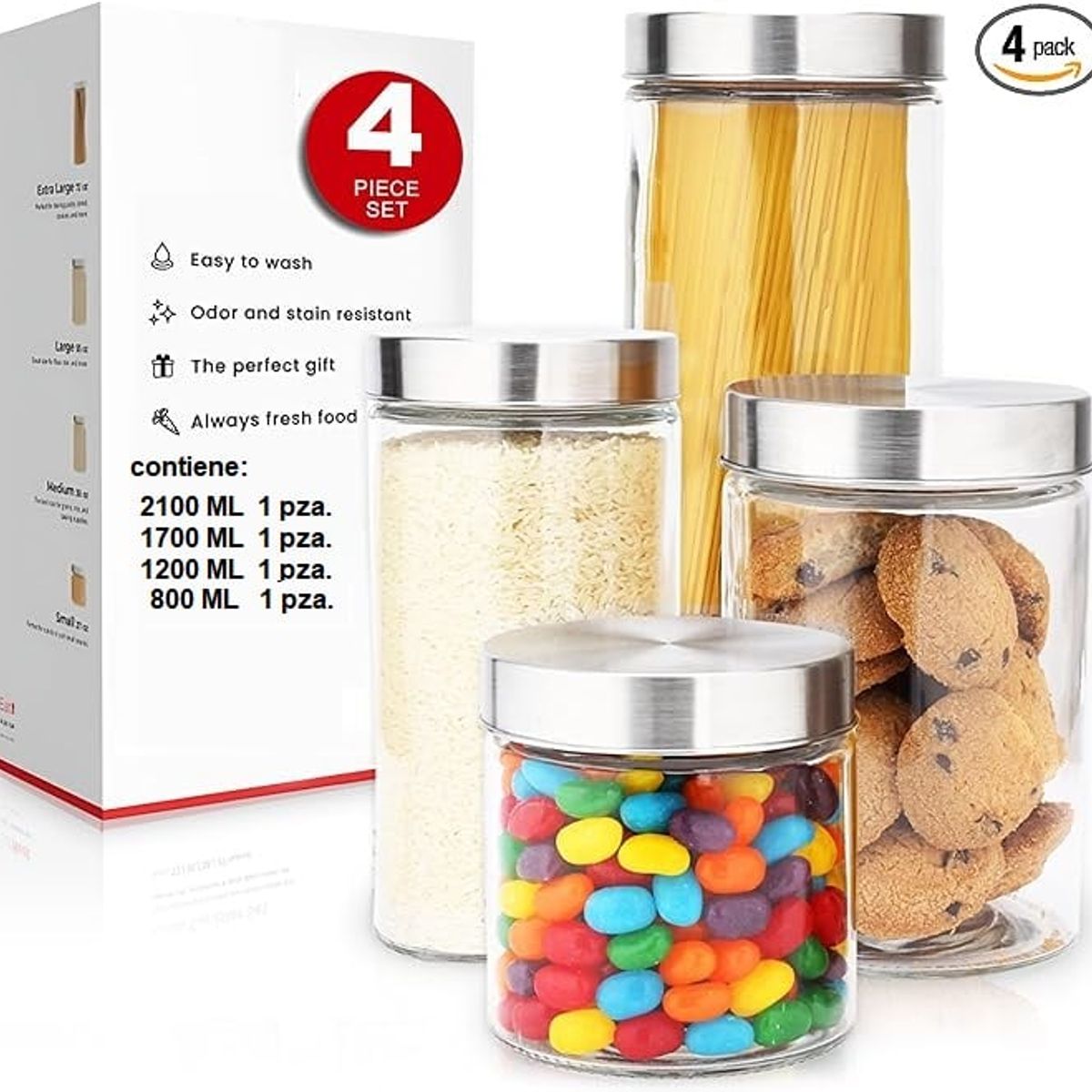 ORIGINARIA - Frascos de Vidrio con Acero inox   4 piezas