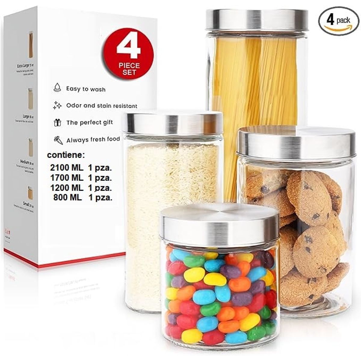 ORIGINARIA - Frascos de Vidrio con Acero inox   4 piezas