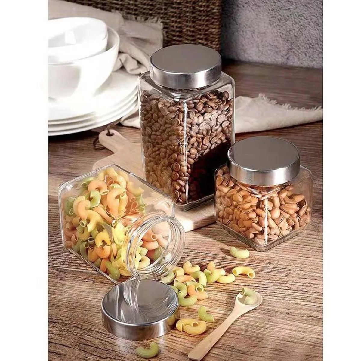 ORIGINARIA - Frascos de Vidrio Cuadrado con tapa de  Acero inox   3 piezas