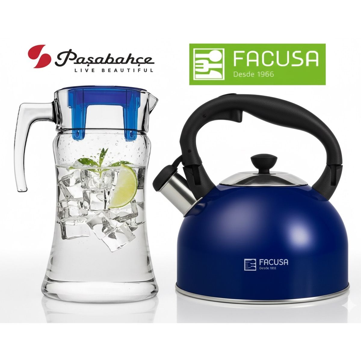 FACUSA - Jarra con Tapa Pasabahce Vidrio Turco  y Tetera Acero Inoxidable Facusa