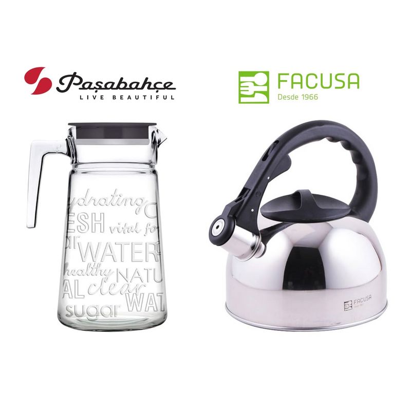 FACUSA - Jarra con Tapa Pasabahce Vidrio Turco  y Tetera Acero Inoxidable Facusa