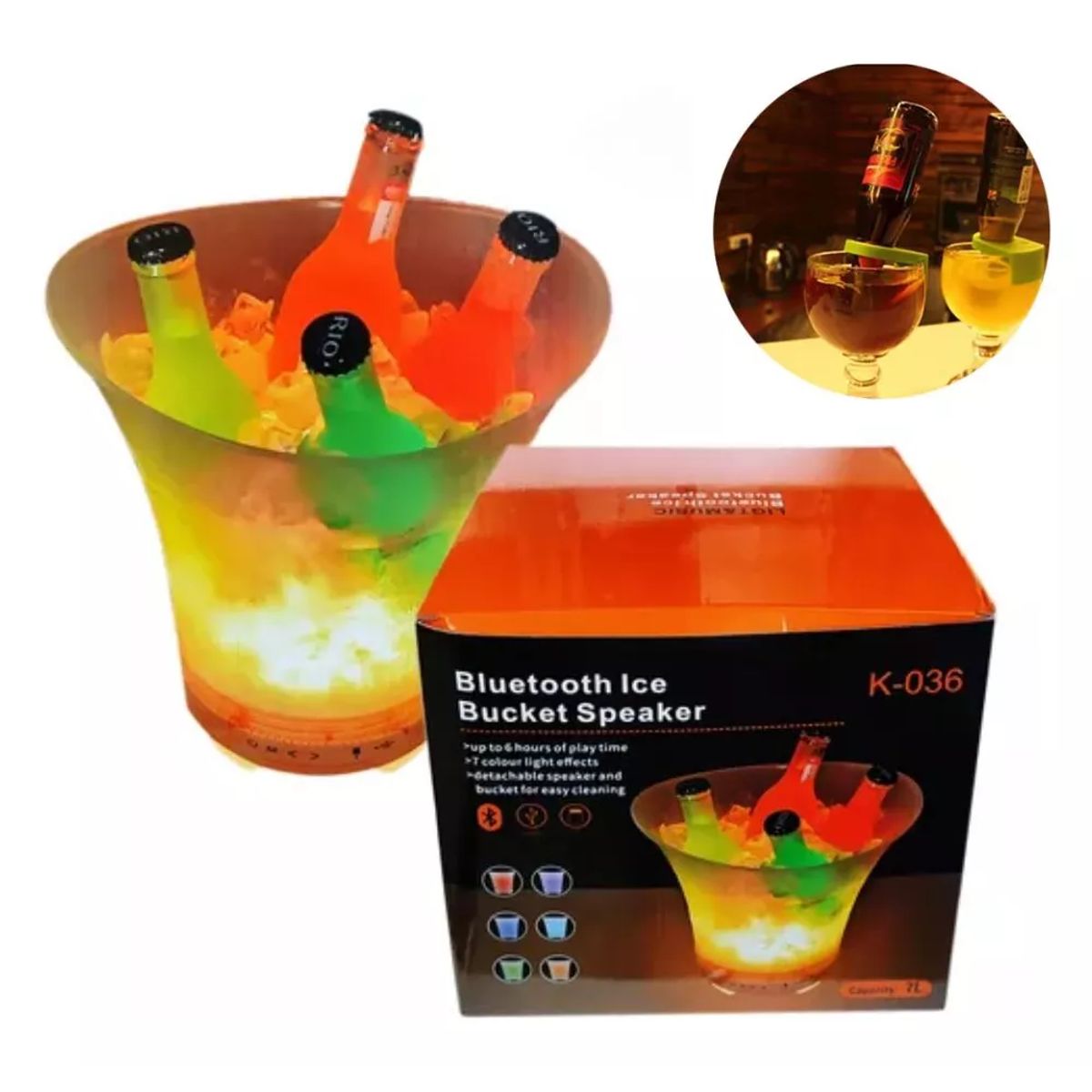 GENERICO - PARLANTE BLUETOOTH HIELERA RECARGABLE LUZ RGB CUBETA DE 7 LITROS