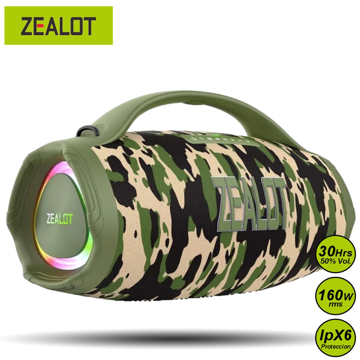ZEALOT - Parlante Bluetooth Zealot S98 Camuflaje Resistente al Agua 160W