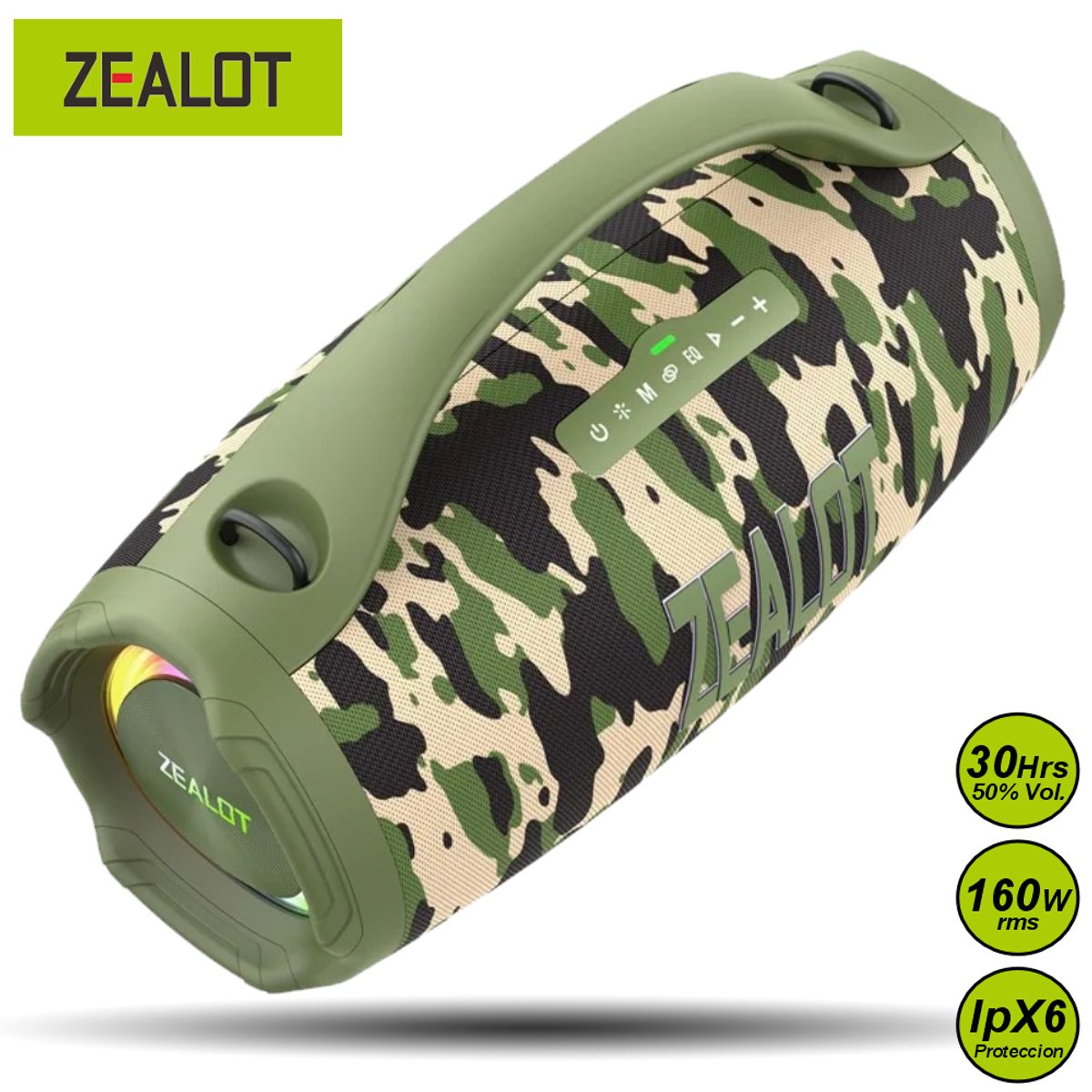 ZEALOT - Parlante Bluetooth Zealot S98 Camuflaje Resistente al Agua 160W