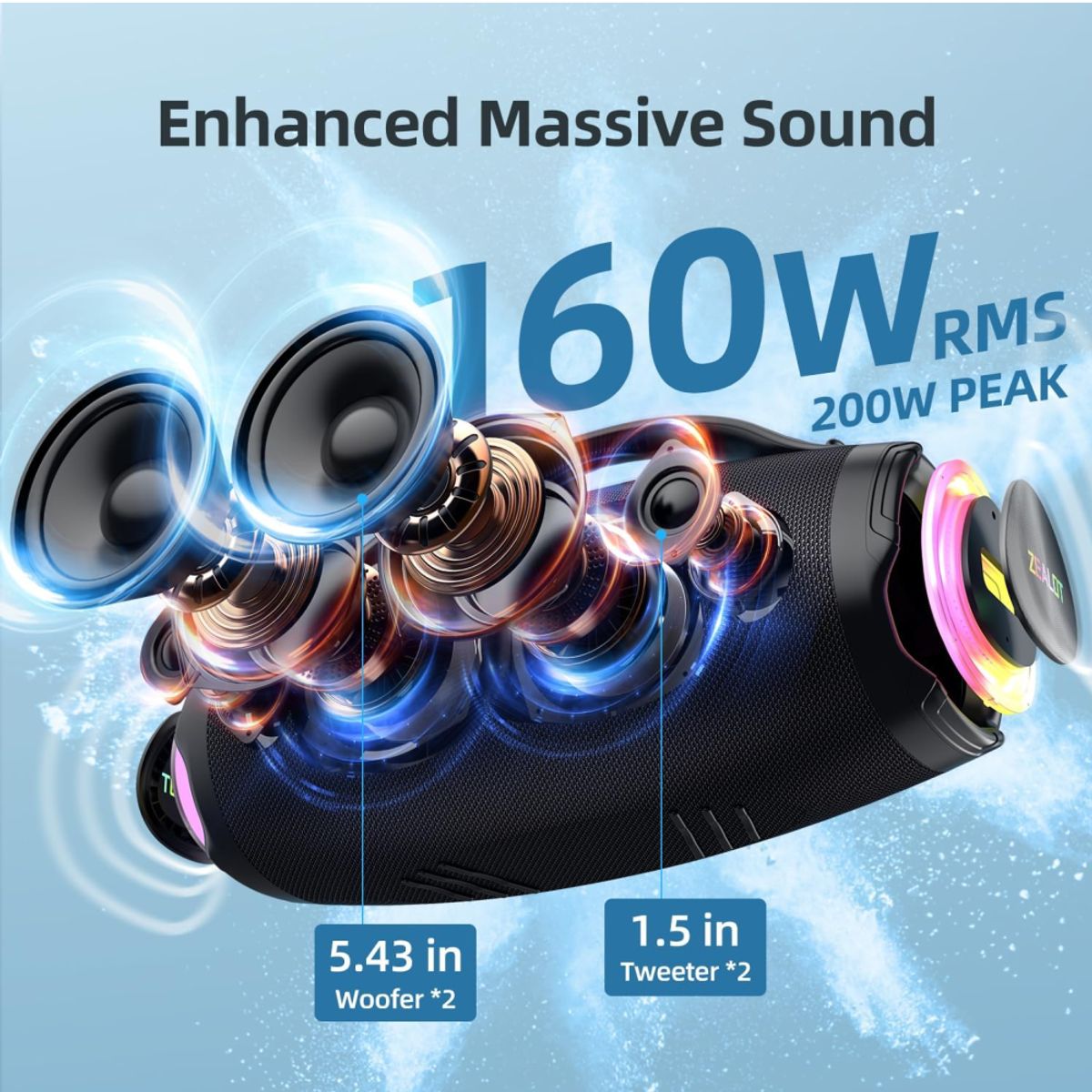 ZEALOT - Parlante Bluetooth Zealot S98 Azul Resistente al Agua 160W