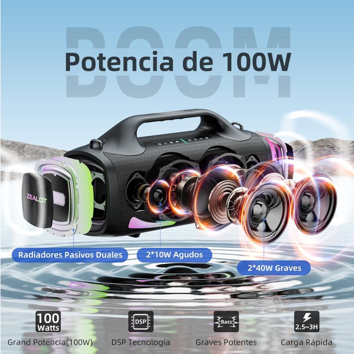 ZEALOT - Parlante Bluetooth Zealot S79 Gris Resistente al Agua 100W