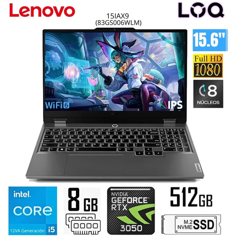 LENOVO - Laptop Gamer Lenovo LOQ 15IAX9 Intel Core i5-12450HX 8GB RAM 512GB SSD 15.6" FHD RTX 3050 83GS006WLM