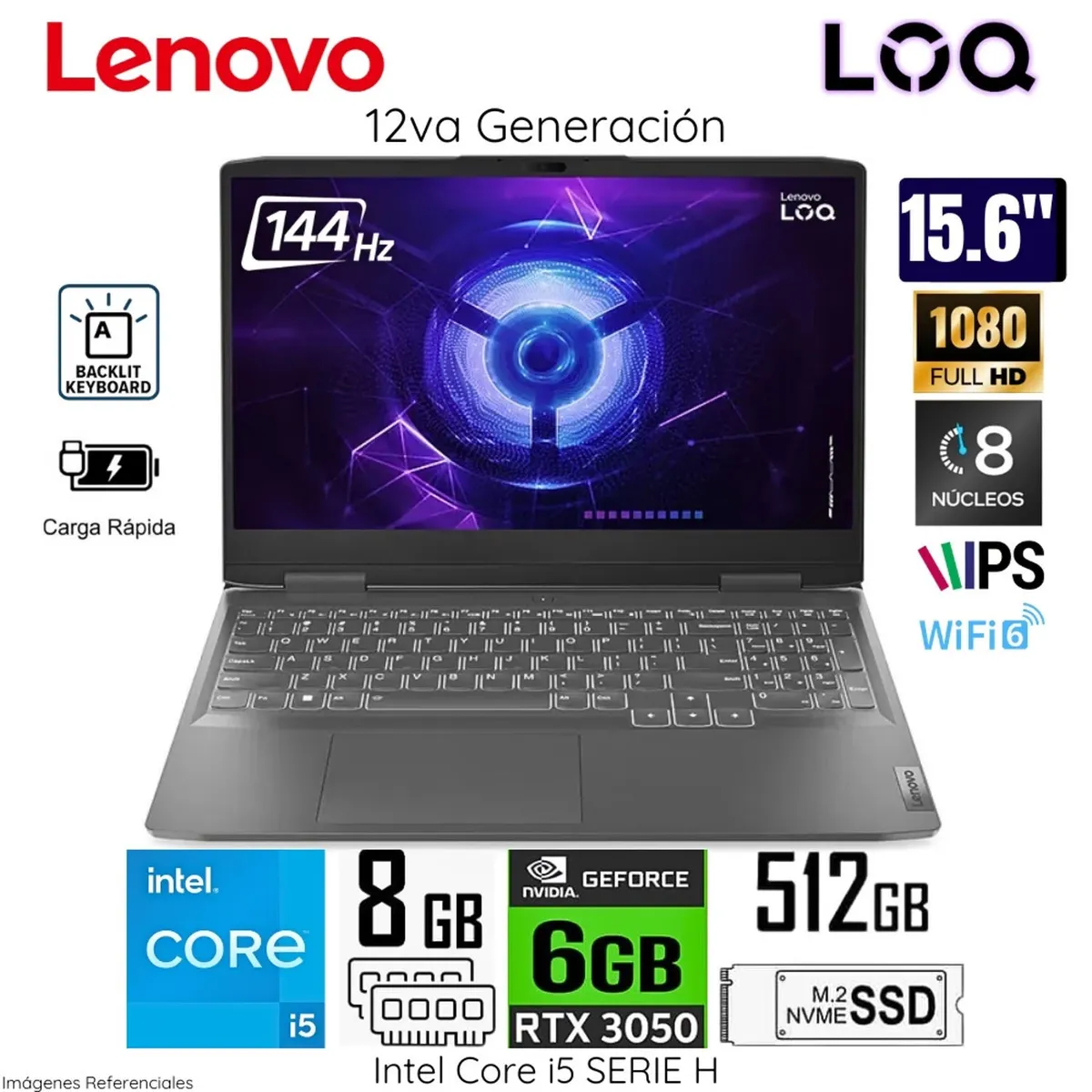 LENOVO - Laptop Gamer Lenovo LOQ 15IRH8 Intel Core i5 12450H 8GB RAM 512GB SSD RTX3050 15.6 " FHD 82XV00T8LM