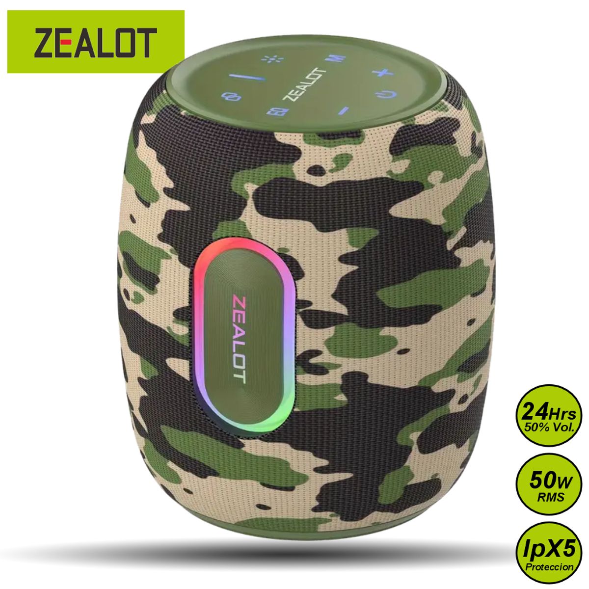 ZEALOT - Parlante Bluetooth Zealot S64 Camuflaje Resistente al Agua 50W