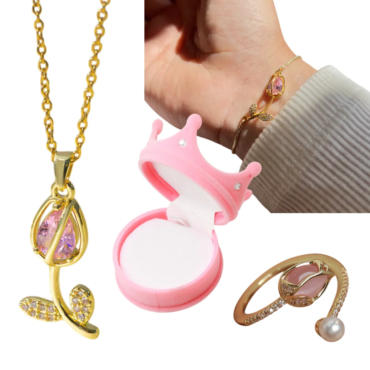 GENERICO - Juego Tulipan Rosado Collar Anillo y Pulsera Dama Regalo