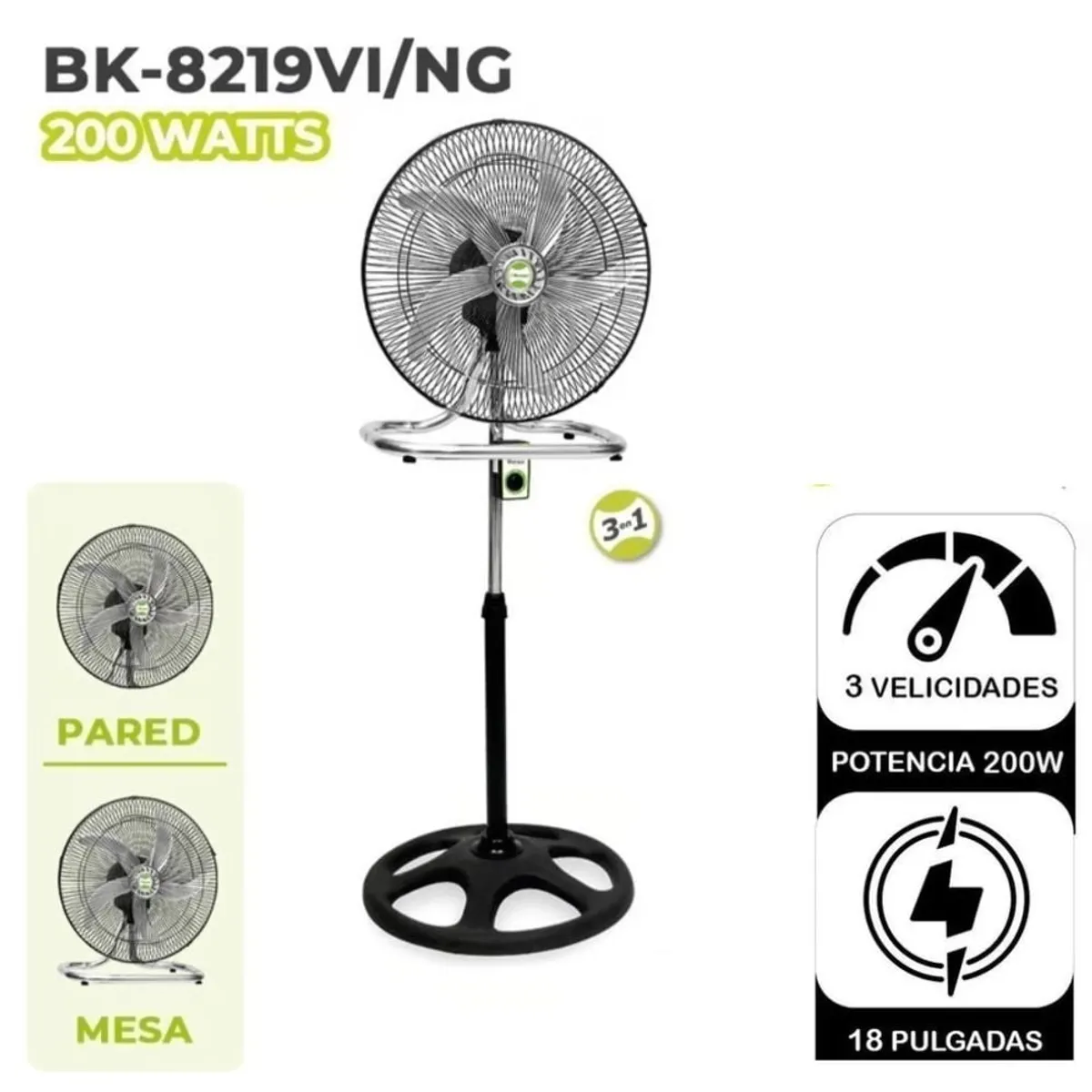 BOSSKO - Ventilador Bossko de 18" metal de 5 Aspas 200W  BK-8219/NG