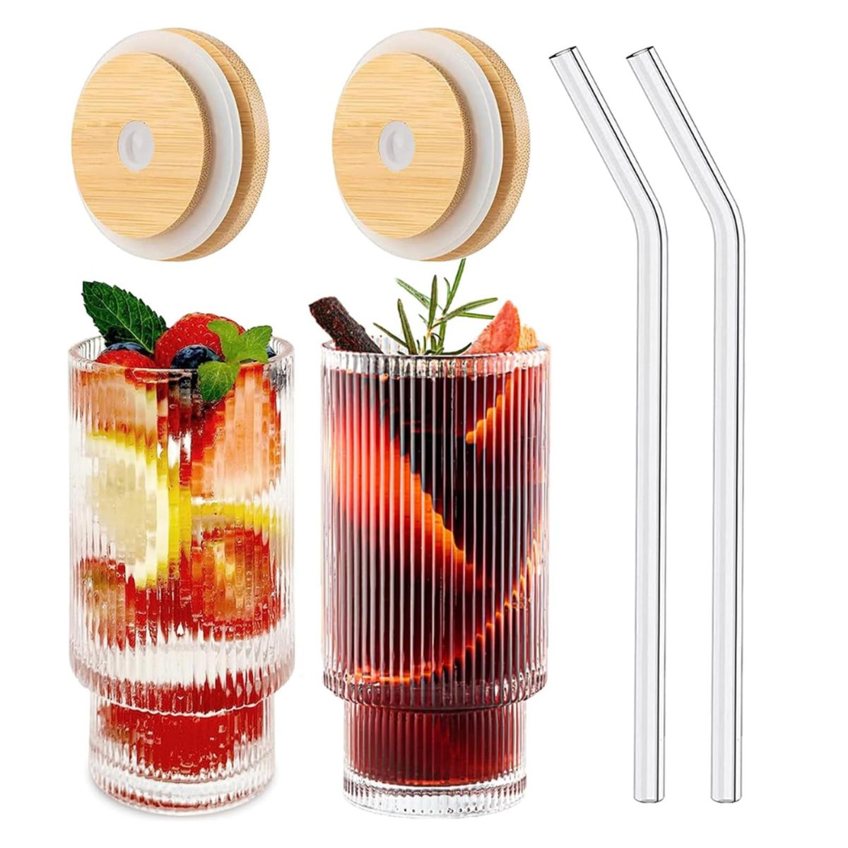 INSPIRA - Set de 2 Vasos Acanalados de Vidrio y Tapa de Bambú  de 500 ml