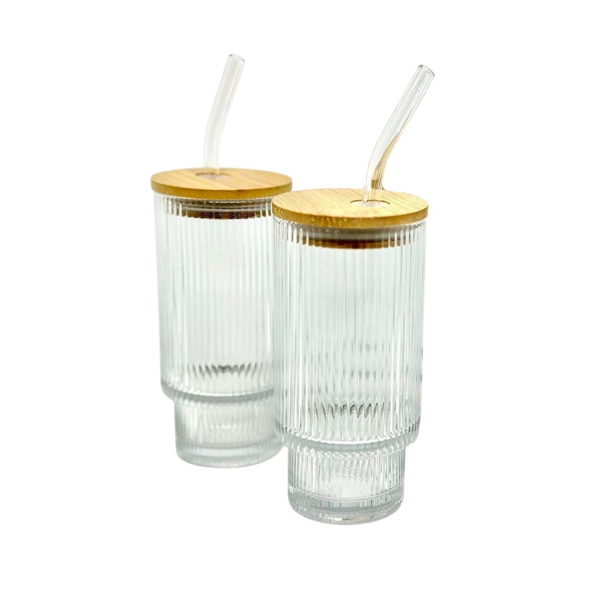 INSPIRA - Set de 2 Vasos Acanalados de Vidrio y Tapa de Bambú  de 500 ml