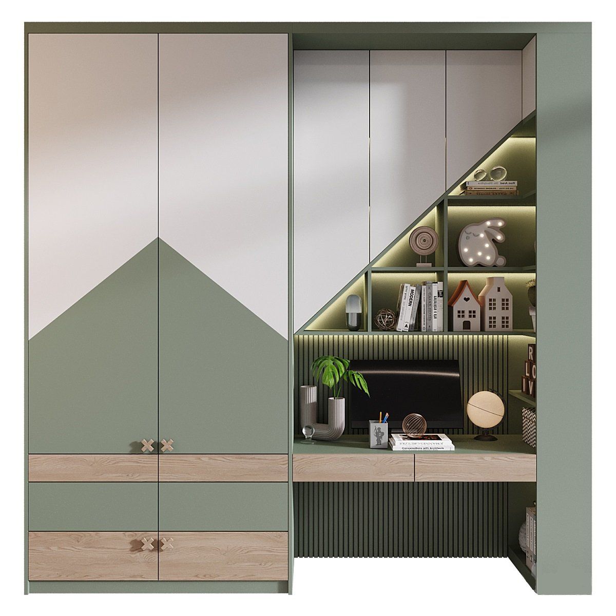 GENERICO - Ropero + Escritorio Melamina Geminis - Verde y Blanco