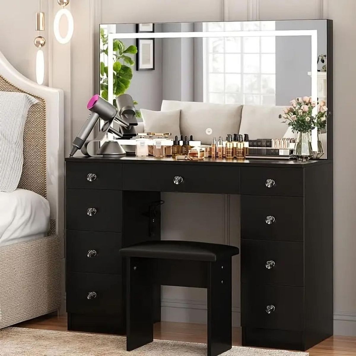 MUEBLES CRISOSTOMO - Tocador de Maquillaje con Espejo y Luces Negro 110cm