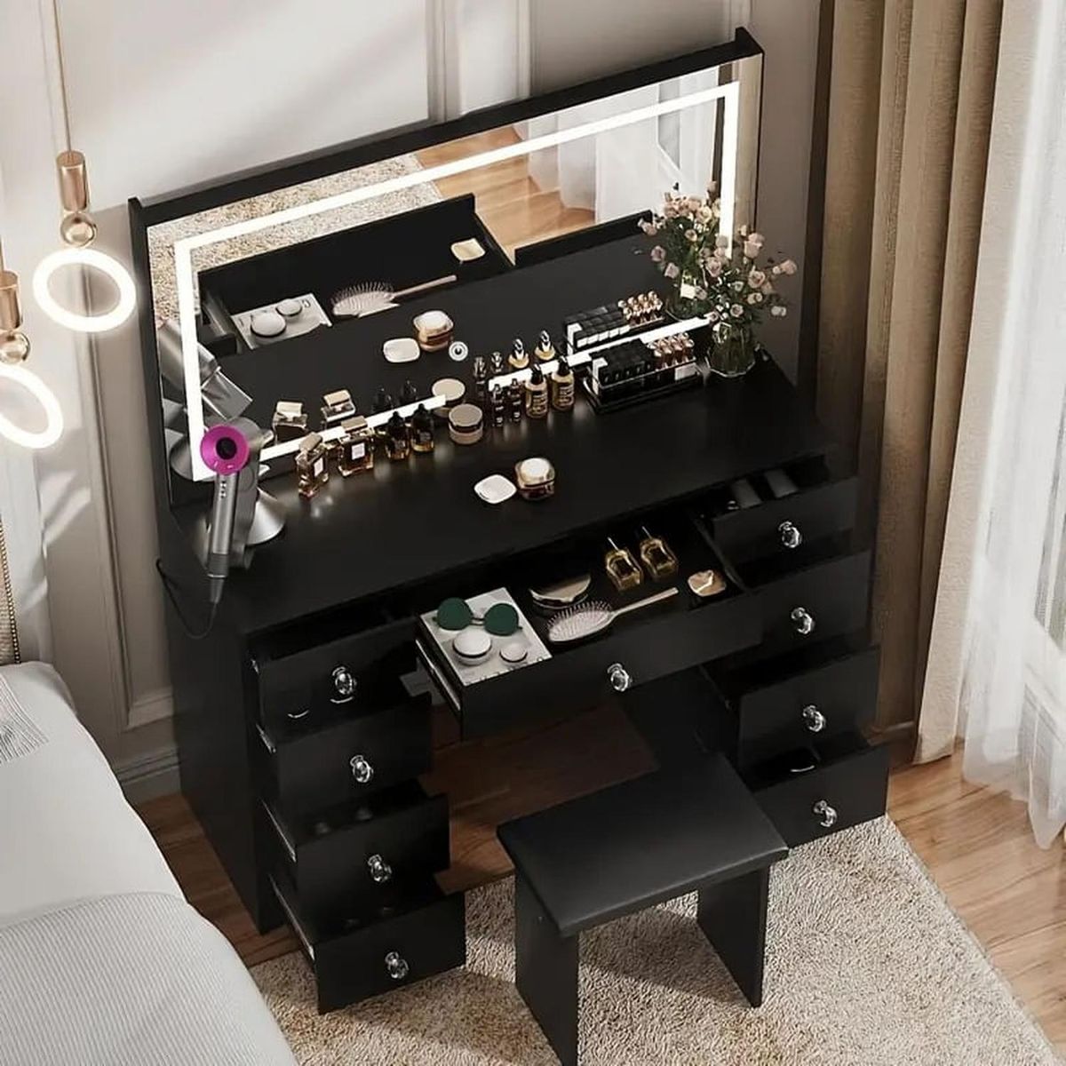 MUEBLES CRISOSTOMO - Tocador de Maquillaje con Espejo y Luces Negro 110cm