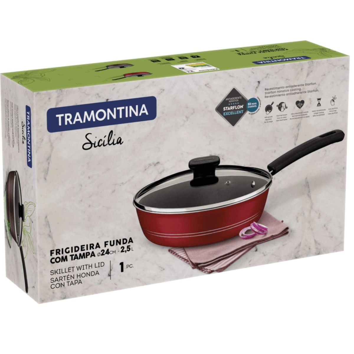 TRAMONTINA - Sartén Honda Con Tapa 24Cm Sicilia Rojo Tramontina