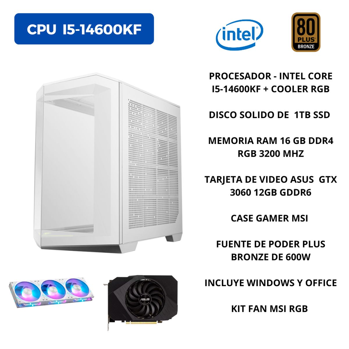 MSI - PC INTEL CORE I5-14600KF + 1TB SSD + 16 GB RAM + TARJETA NVIDIA RTX 3060 12GB