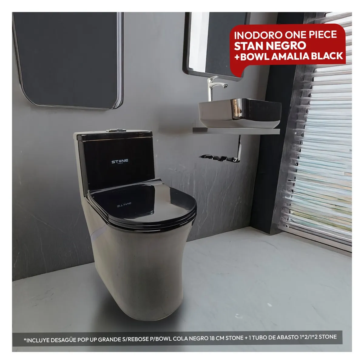 STONE - COMBO DE INODORO ONE PIECE STAN NEGRO + BOWL AMALIA BLACK + DESAGUE POP UP COLA NEGRO STONE