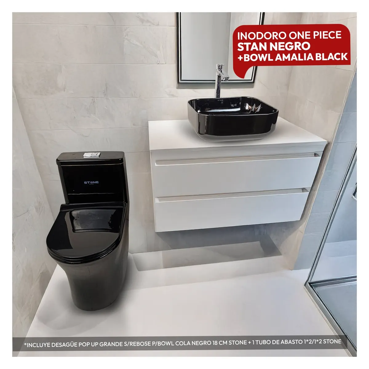 STONE - COMBO DE INODORO ONE PIECE STAN NEGRO + BOWL AMALIA BLACK + DESAGUE POP UP COLA NEGRO STONE