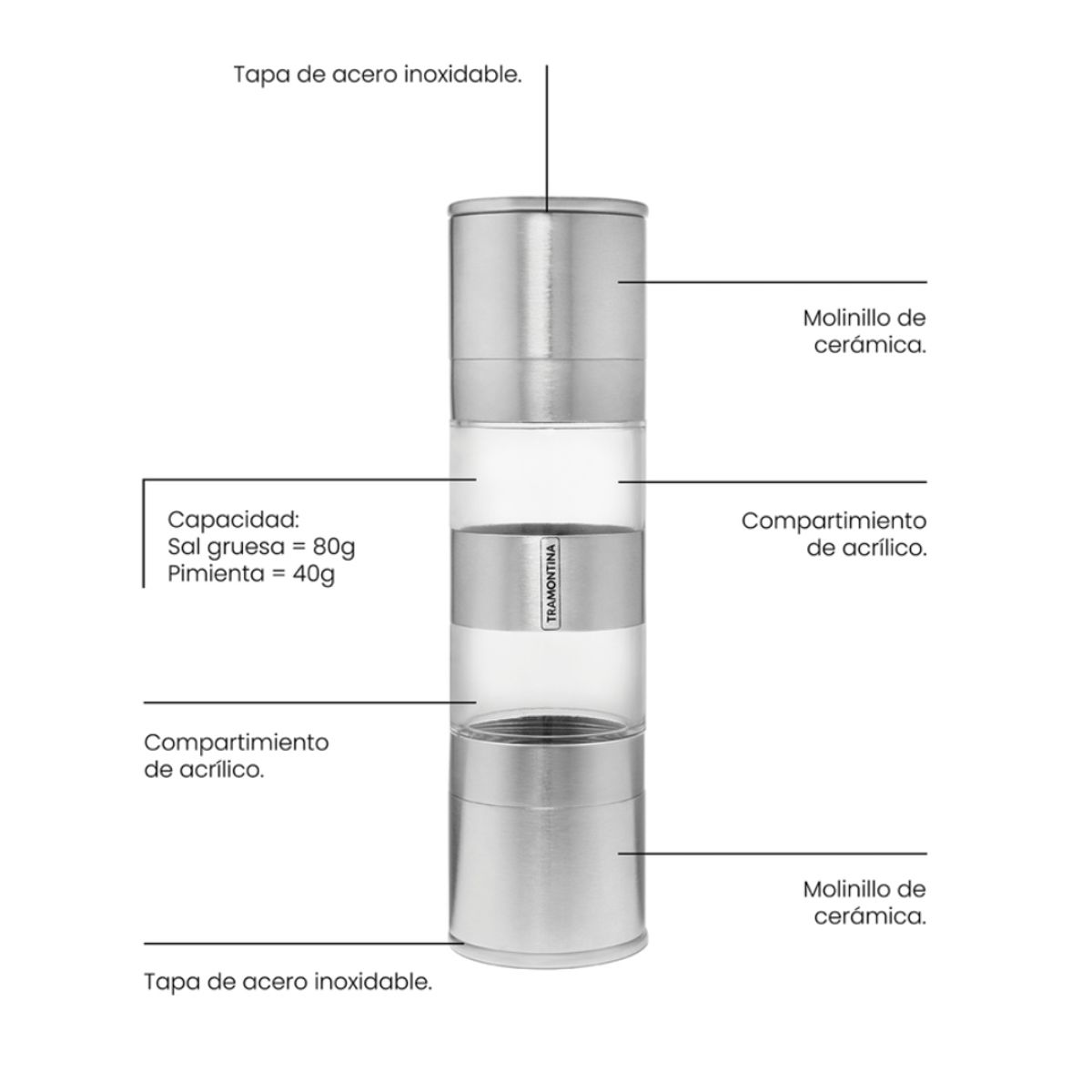 TRAMONTINA - Molinillo Doble de Sal y Pimienta - Tramontina Realce 10048020