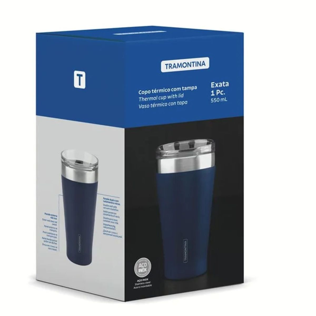 TRAMONTINA - Vaso Térmico de Acero con tapa 500 ml Azul Exata - Tramontina