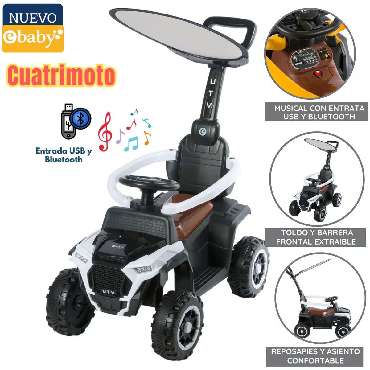 EBABY - Cuatrimoto Musical con Luces y Sombrilla EB351 Blanco
